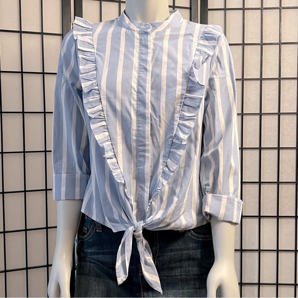 Popsugar Blue Striped Ruffled Top With Moto Collar And Tie - Picture 2 of 13